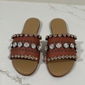 Mystique Leather Embellished Brown Slide Sandals